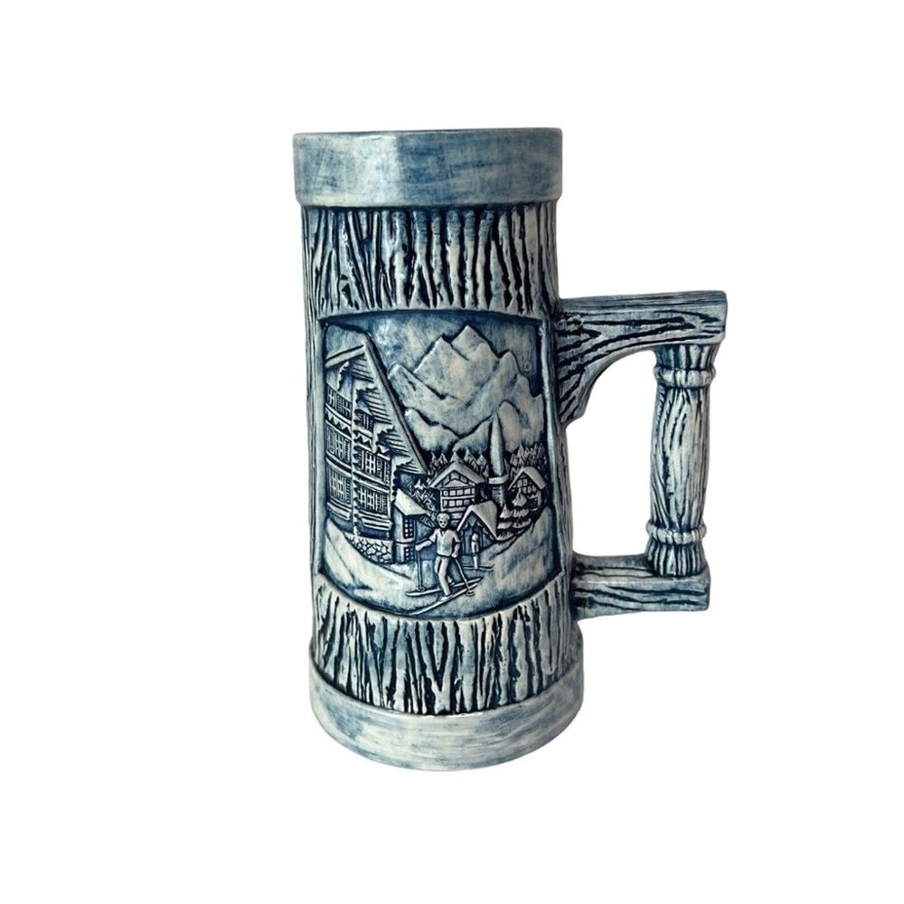 Dunbar Vintage Alpine Scene Mountain Skiing Wooden grain Stein blue Beer Mug